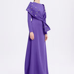 Taş İşlemeli Şallı Saten Uzun Abiye Elbise - 9093C - MOR