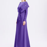 Taş İşlemeli Şallı Saten Uzun Abiye Elbise - 9093C - MOR