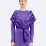 Taş İşlemeli Şallı Saten Uzun Abiye Elbise - 9093C - MOR