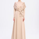 Taş İşlemeli Şallı Saten Uzun Abiye Elbise - 9093C - BEJ