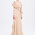 Taş İşlemeli Şallı Saten Uzun Abiye Elbise - 9093C - BEJ