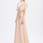 Taş İşlemeli Şallı Saten Uzun Abiye Elbise - 9093C - BEJ