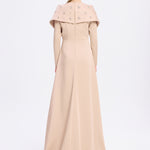 Taş İşlemeli Şallı Saten Uzun Abiye Elbise - 9093C - BEJ