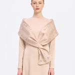 Taş İşlemeli Şallı Saten Uzun Abiye Elbise - 9093C - BEJ