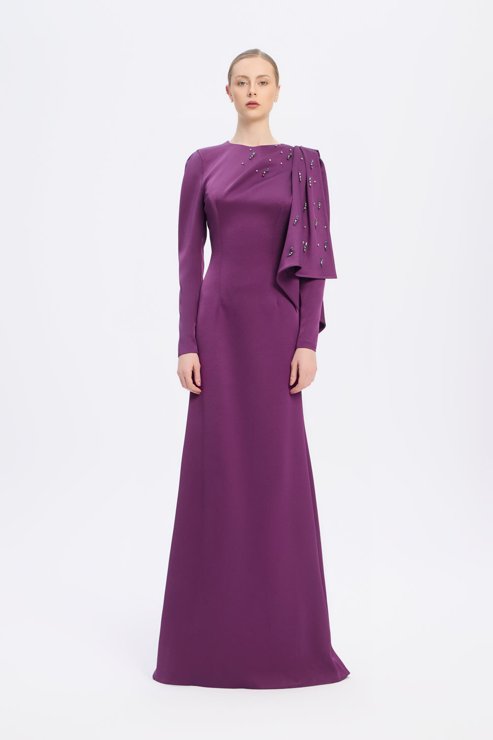 فستان سهرة طويل ضيق من الكريب مطرز بالحجارة - 9087C