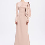 Dar Kesim Taş İşlemeli Krep Uzun Abiye Elbise - 9087C - CAMEL