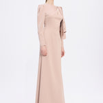 Dar Kesim Taş İşlemeli Krep Uzun Abiye Elbise - 9087C - CAMEL