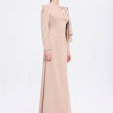 Dar Kesim Taş İşlemeli Krep Uzun Abiye Elbise - 9087C - CAMEL