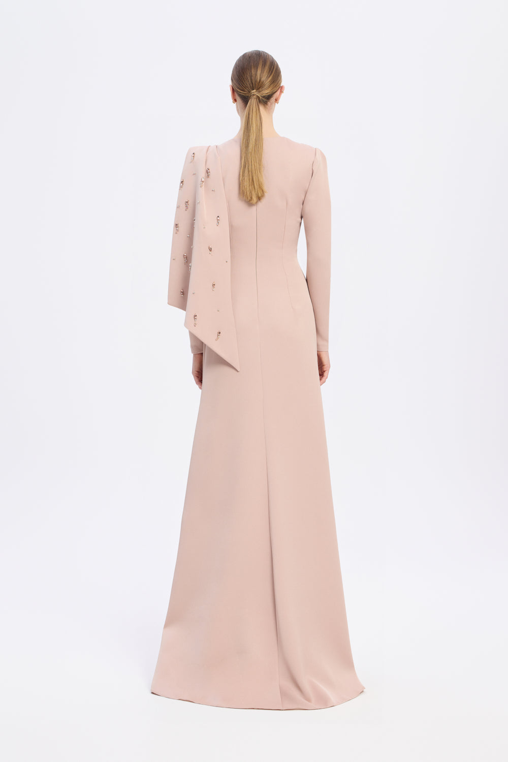 Dar Kesim Taş İşlemeli Krep Uzun Abiye Elbise - 9087C - CAMEL