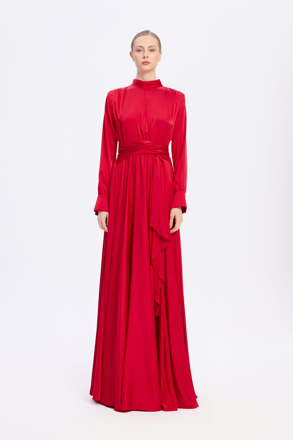 Drape Detaylı Dik Yaka Saten Uzun Abiye Elbise - 9072C - KIRMIZI