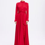 Drape Detaylı Dik Yaka Saten Uzun Abiye Elbise - 9072C - KIRMIZI