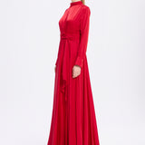 Drape Detaylı Dik Yaka Saten Uzun Abiye Elbise - 9072C - KIRMIZI
