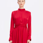 Drape Detaylı Dik Yaka Saten Uzun Abiye Elbise - 9072C - KIRMIZI