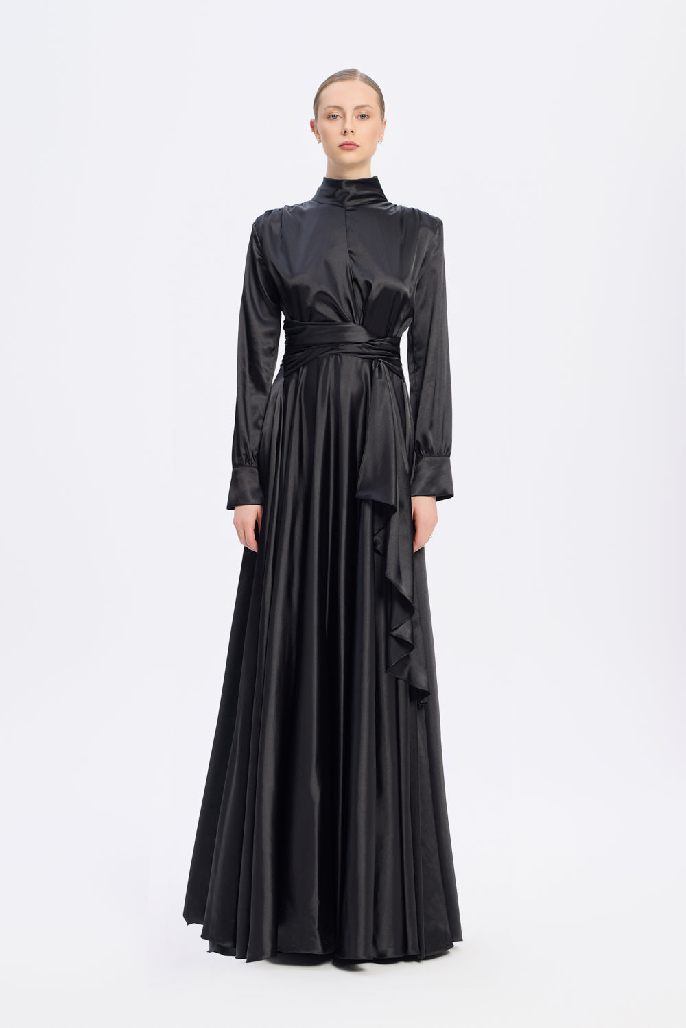 Drape Detaylı Dik Yaka Saten Uzun Abiye Elbise - 9072C - SİYAH