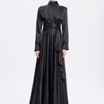 Drape Detaylı Dik Yaka Saten Uzun Abiye Elbise - 9072C - SİYAH