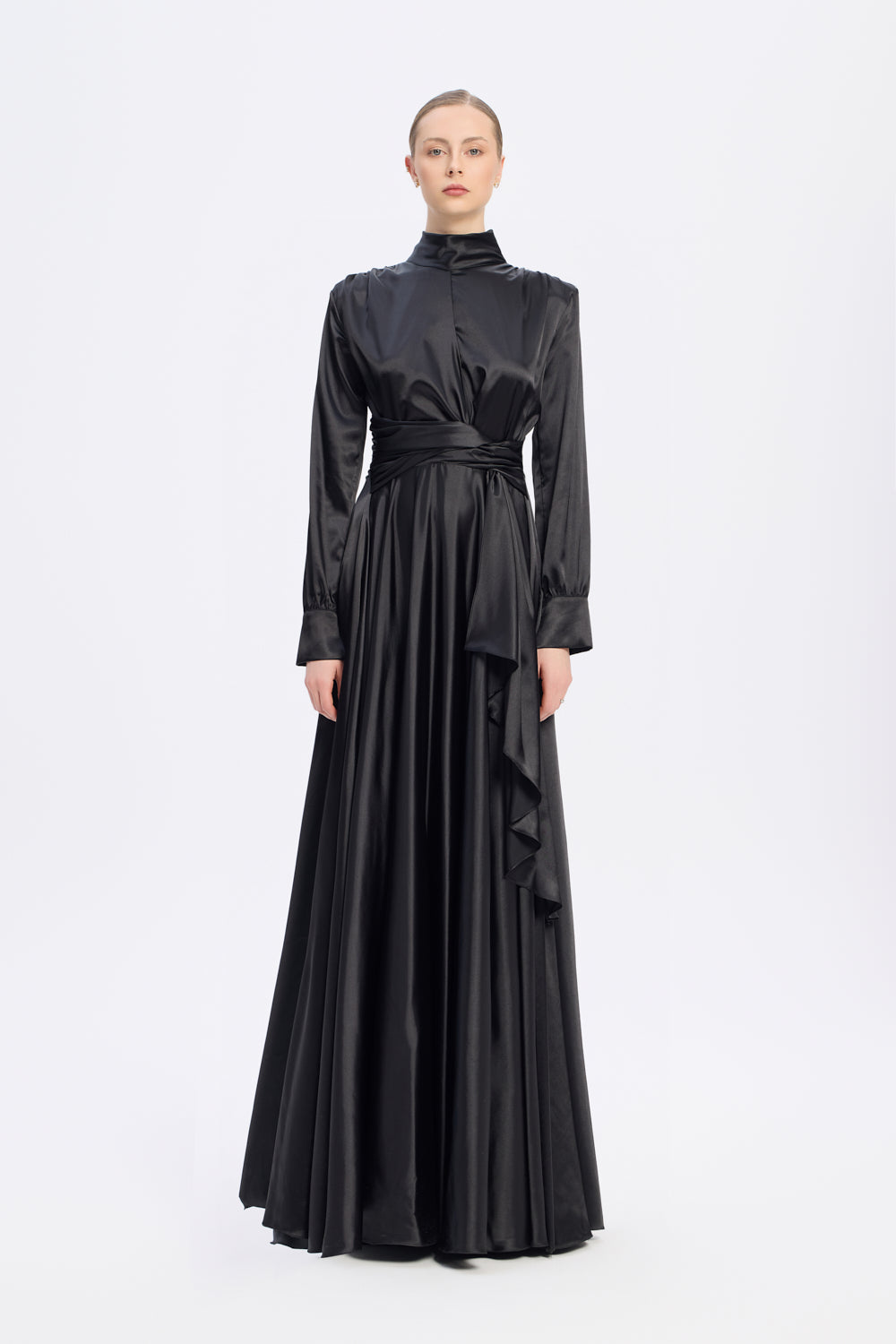 Drape Detailed Stand Collar Satin Long Evening Dress - 9072C