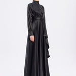 Drape Detaylı Dik Yaka Saten Uzun Abiye Elbise - 9072C - SİYAH