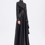 Drape Detaylı Dik Yaka Saten Uzun Abiye Elbise - 9072C - SİYAH