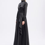 Drape Detaylı Dik Yaka Saten Uzun Abiye Elbise - 9072C - SİYAH