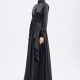 Drape Detaylı Dik Yaka Saten Uzun Abiye Elbise - 9072C - SİYAH
