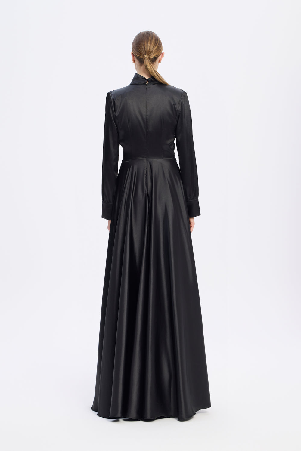 Drape Detaylı Dik Yaka Saten Uzun Abiye Elbise - 9072C - SİYAH