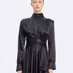 Drape Detaylı Dik Yaka Saten Uzun Abiye Elbise - 9072C - SİYAH