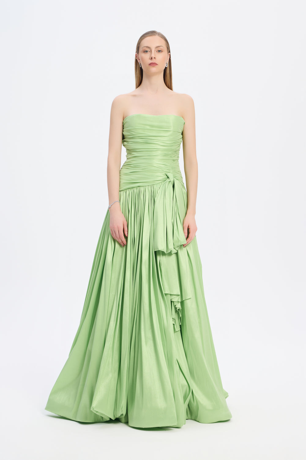 Strapless Collar Taffeta Long Evening Dress with Bow Detail - 9173C