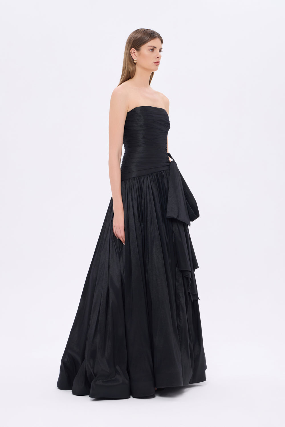 Strapless Collar Taffeta Long Evening Dress with Bow Detail - 9173C
