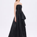 Strapless Collar Taffeta Long Evening Dress with Bow Detail - 9173C