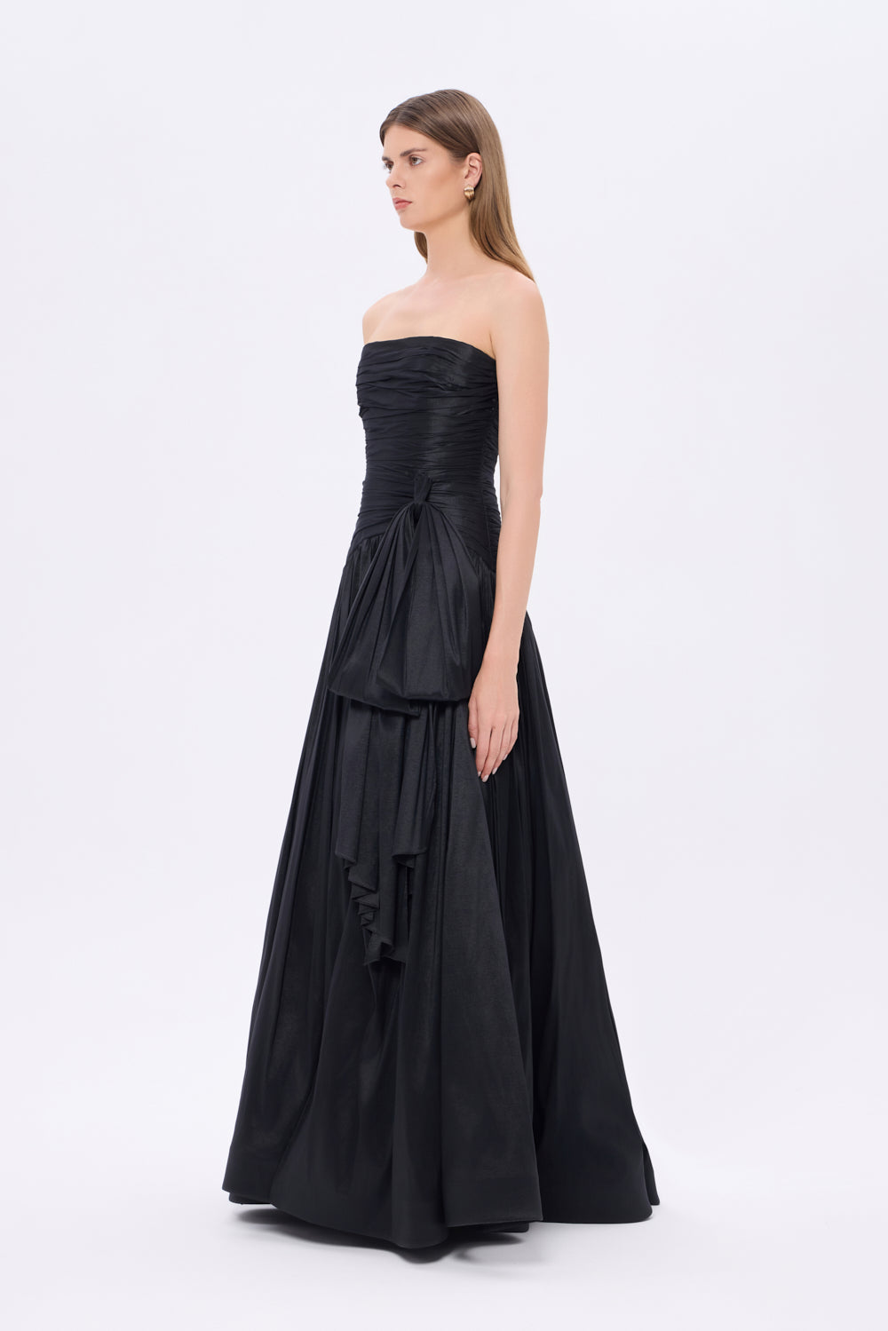 Strapless Collar Taffeta Long Evening Dress with Bow Detail - 9173C