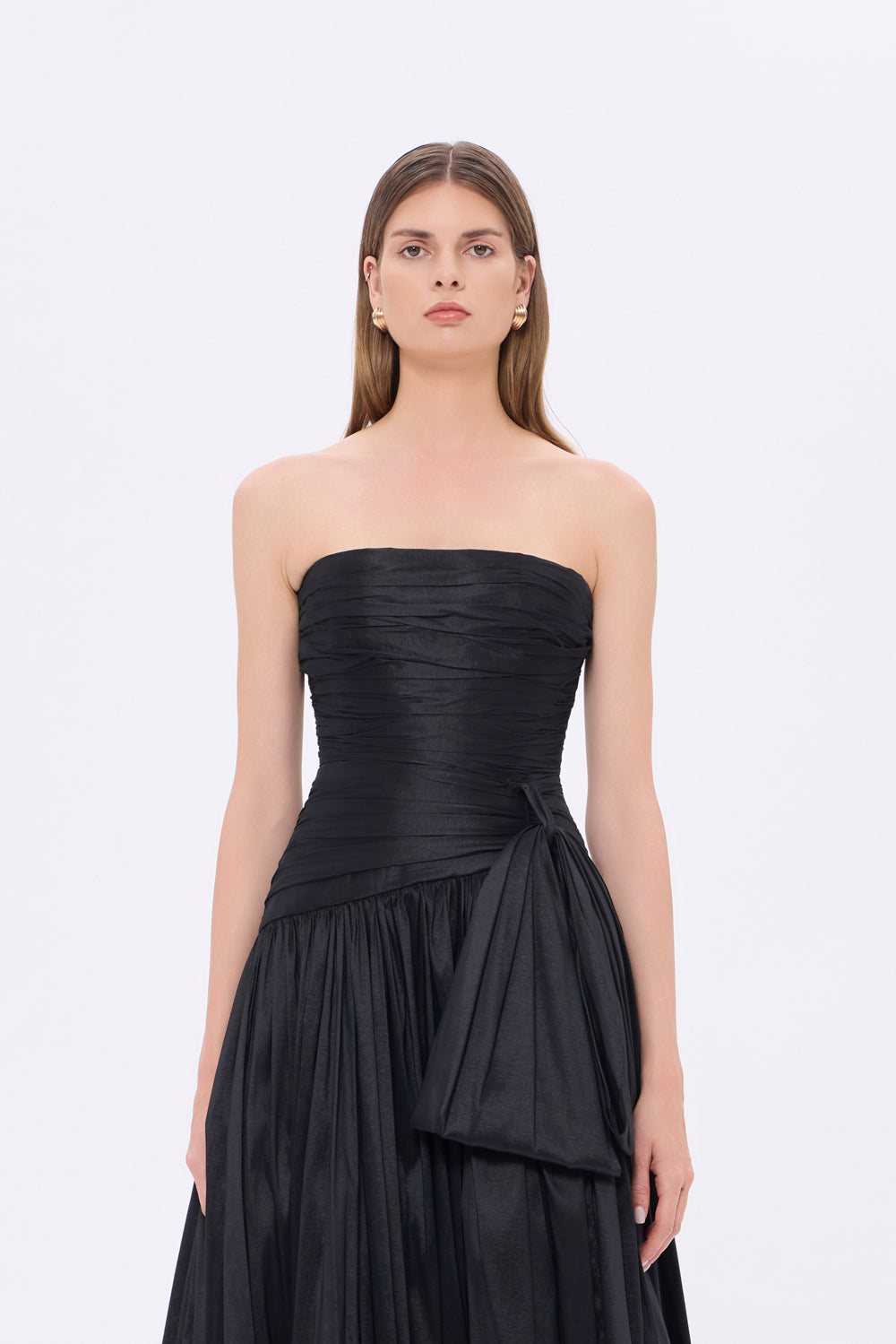 Strapless Collar Taffeta Long Evening Dress with Bow Detail - 9173C