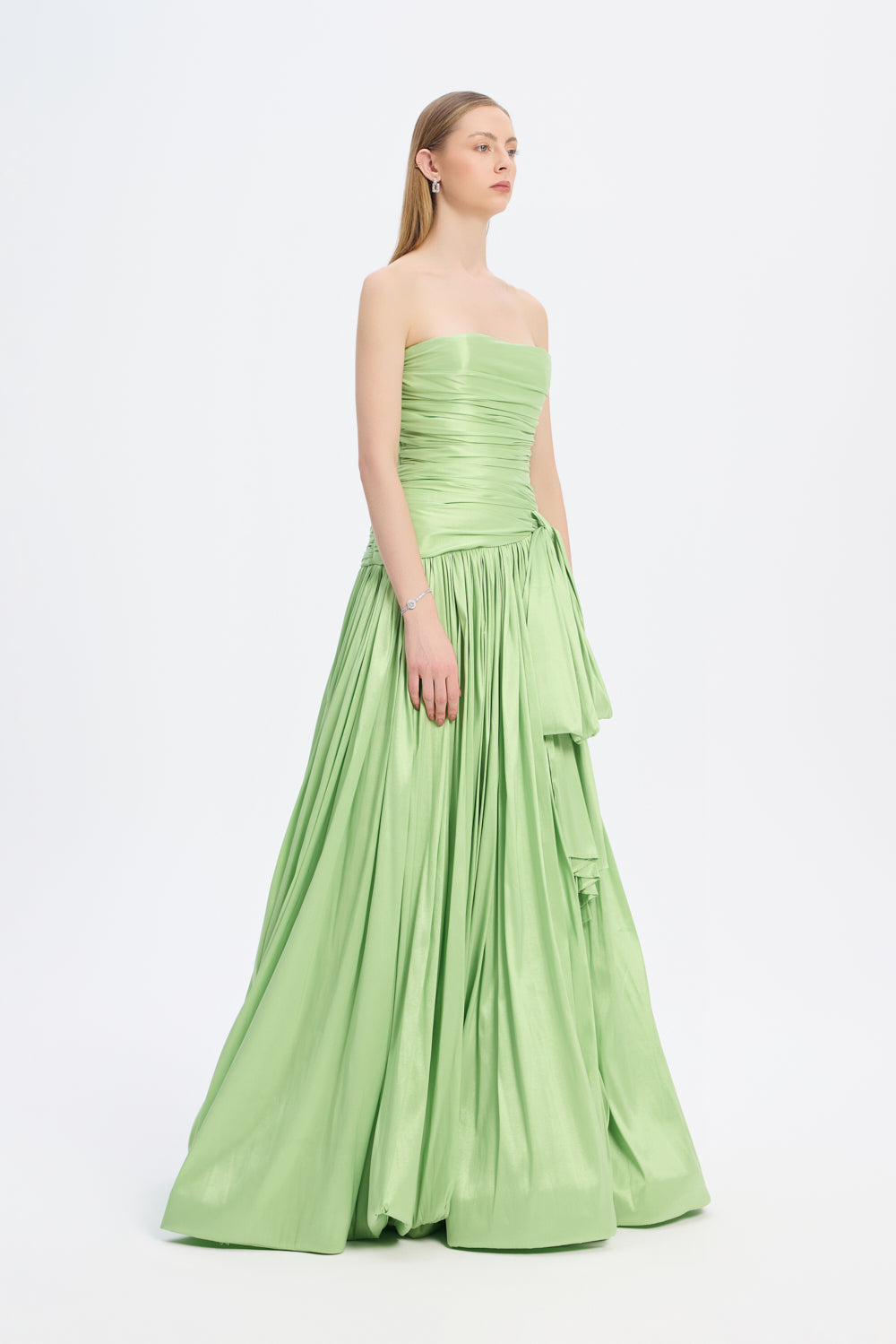 Strapless Collar Taffeta Long Evening Dress with Bow Detail - 9173C