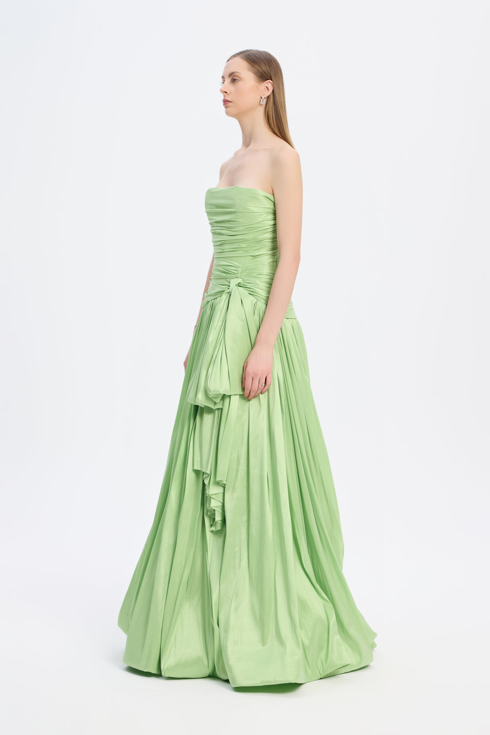Strapless Collar Taffeta Long Evening Dress with Bow Detail - 9173C