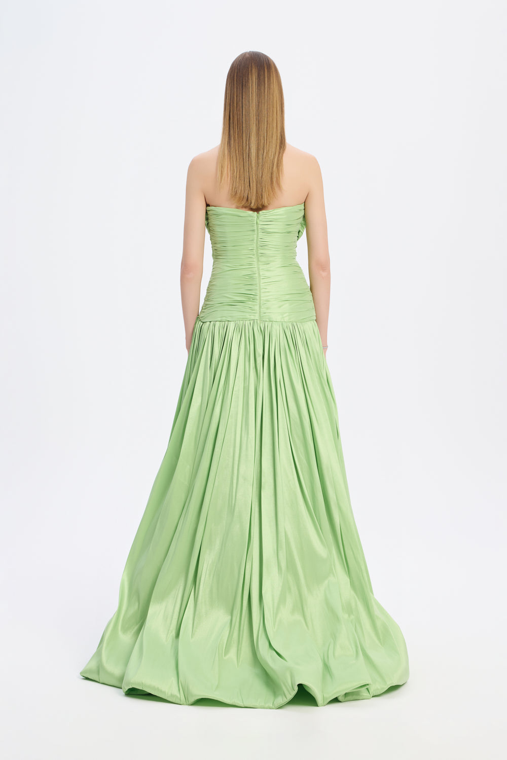 Strapless Collar Taffeta Long Evening Dress with Bow Detail - 9173C