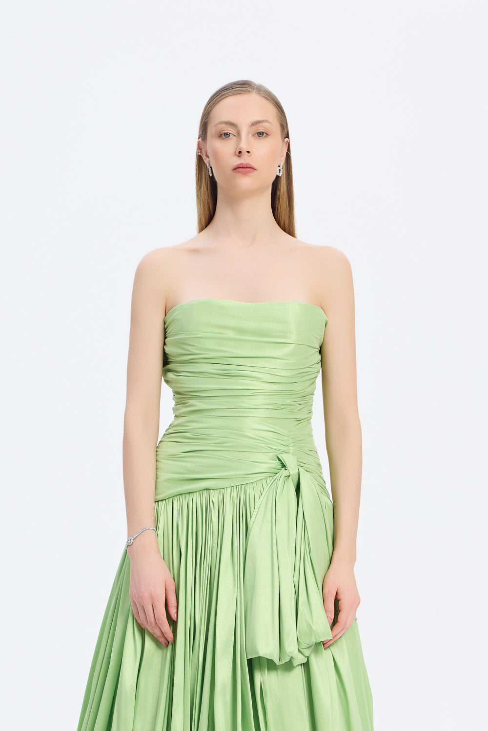 Strapless Collar Taffeta Long Evening Dress with Bow Detail - 9173C