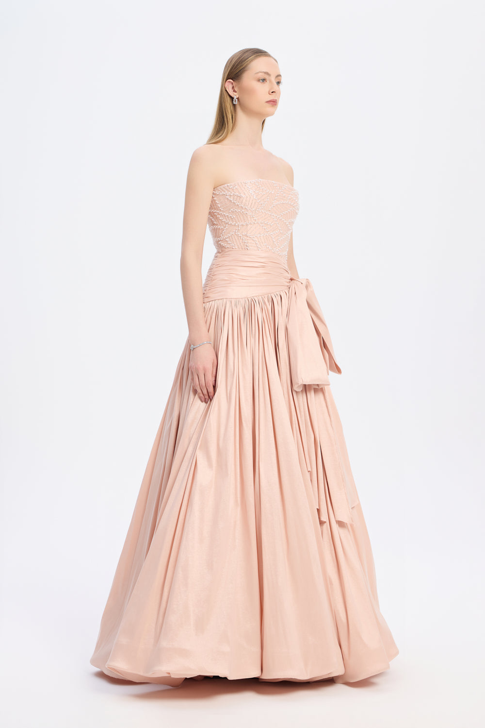 Straplez Yaka Taş Detaylı Tafta Uzun Abiye Elbise - 9164C - PEMBE