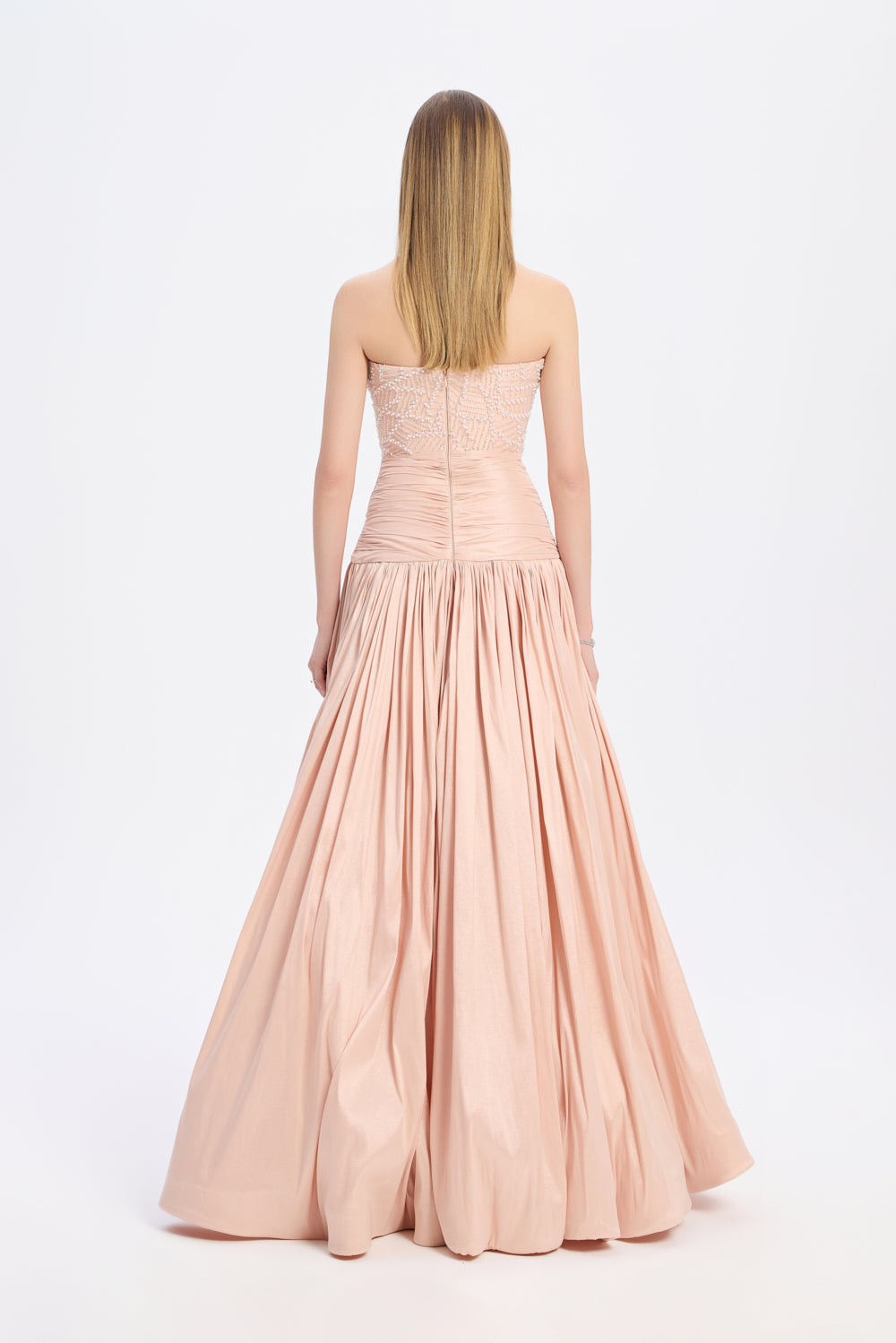 Straplez Yaka Taş Detaylı Tafta Uzun Abiye Elbise - 9164C - PEMBE