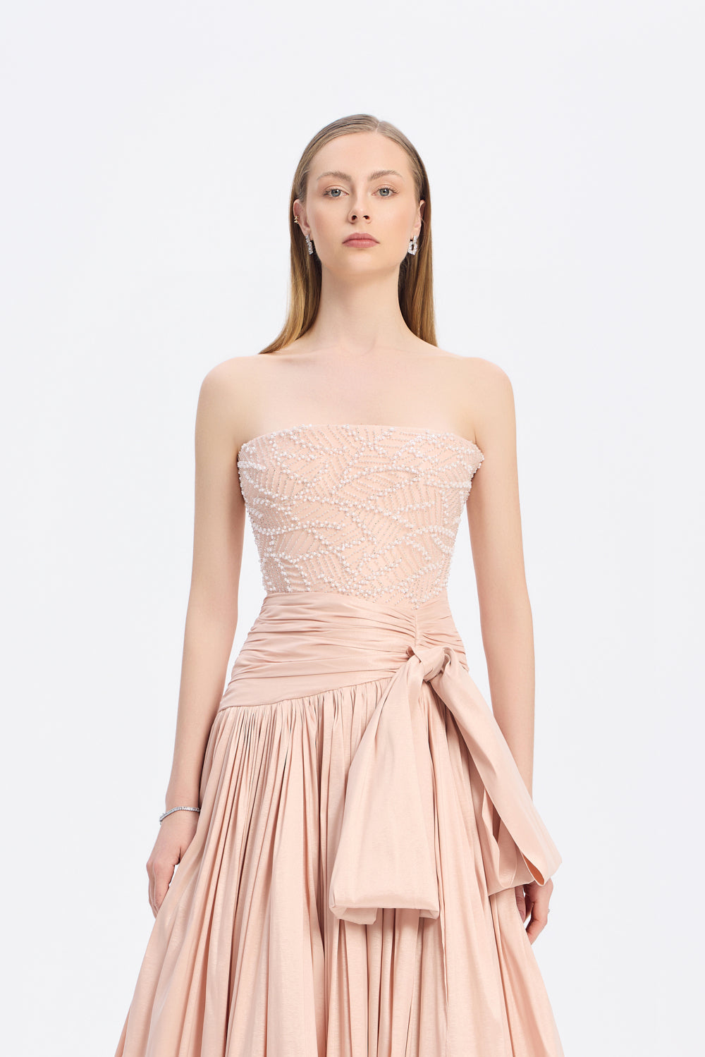 Straplez Yaka Taş Detaylı Tafta Uzun Abiye Elbise - 9164C - PEMBE