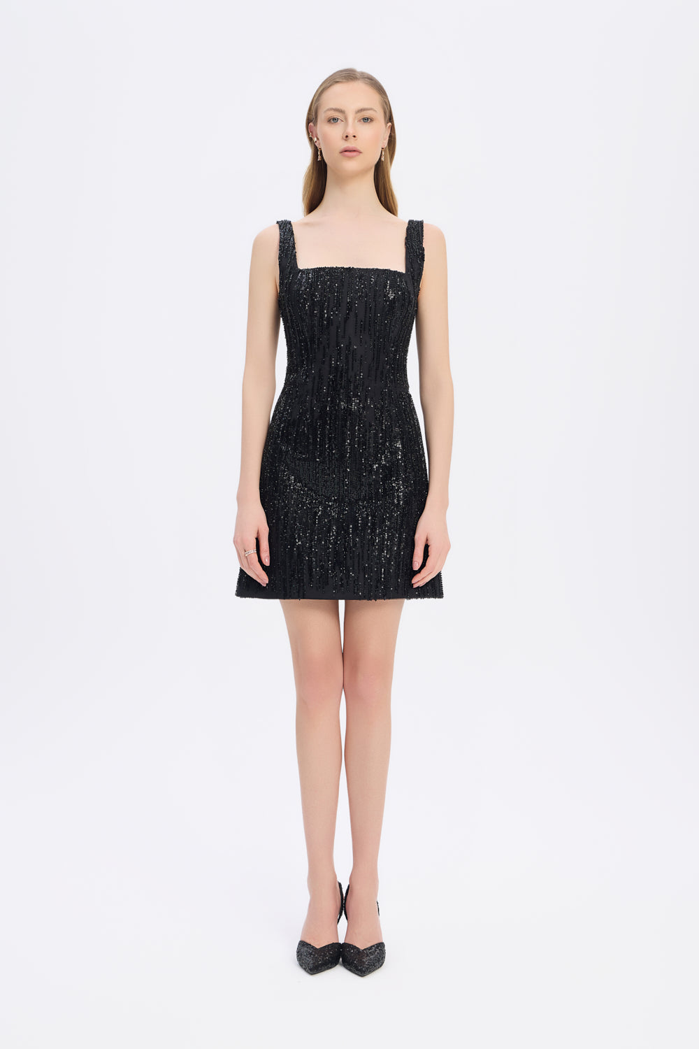 Straps Square Neck Stone Mini Evening Dress - 9172C