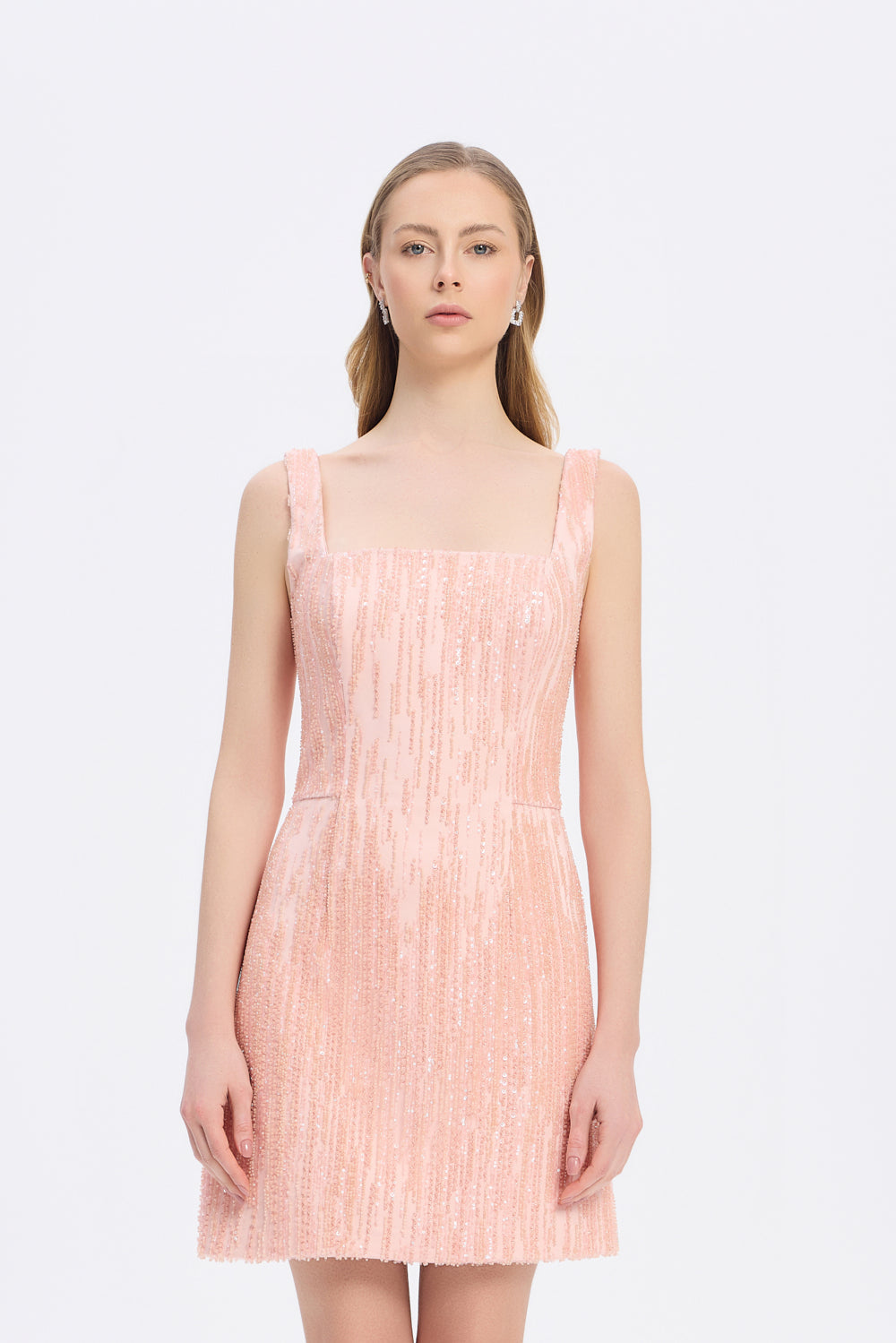 Askılı Kare Yaka Taşlı Mini Abiye Elbise - 9172C - Pembe Gümüş