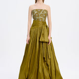 Stone Embroidered Taffeta Long Evening Dress with Slits - 9107C