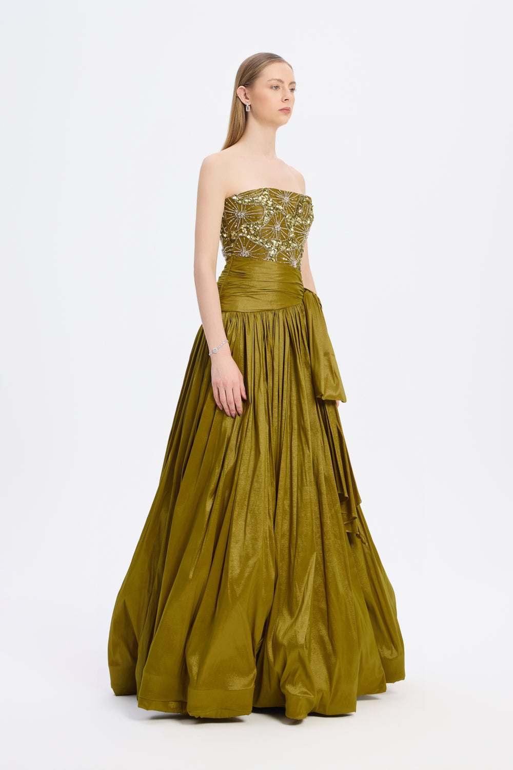 Stone Embroidered Taffeta Long Evening Dress with Slits - 9107C