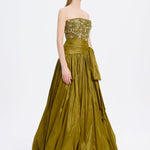 Taş İşlemeli Yırtmaçlı Tafta Uzun Abiye Elbise - 9107C - Olive