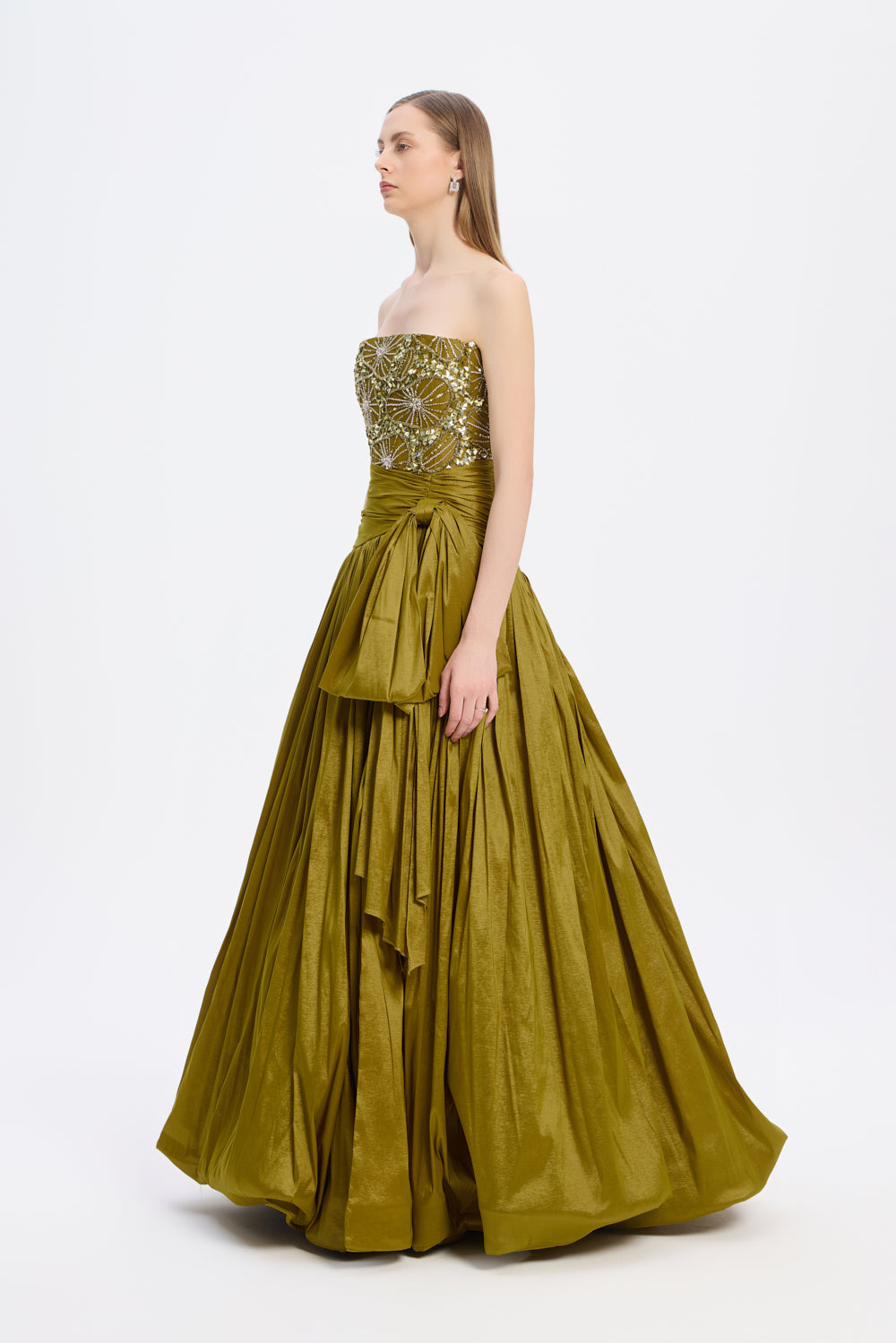 Stone Embroidered Taffeta Long Evening Dress with Slits - 9107C