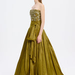 Taş İşlemeli Yırtmaçlı Tafta Uzun Abiye Elbise - 9107C - Olive