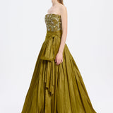 Stone Embroidered Taffeta Long Evening Dress with Slits - 9107C