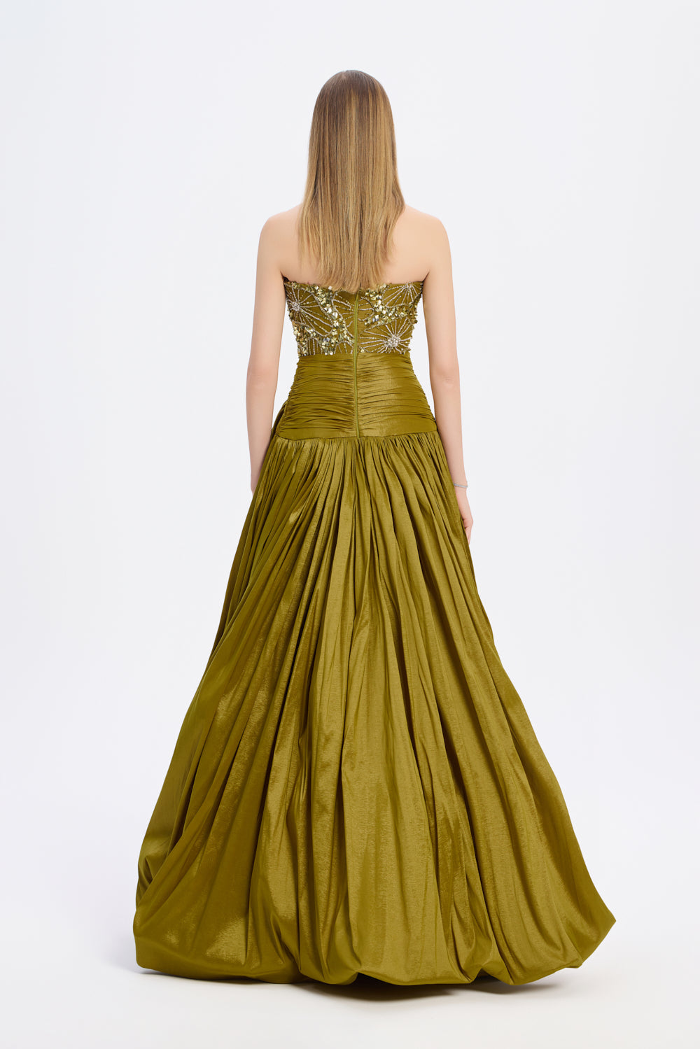 Stone Embroidered Taffeta Long Evening Dress with Slits - 9107C