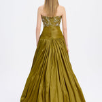 Taş İşlemeli Yırtmaçlı Tafta Uzun Abiye Elbise - 9107C - Olive