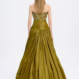 Stone Embroidered Taffeta Long Evening Dress with Slits - 9107C