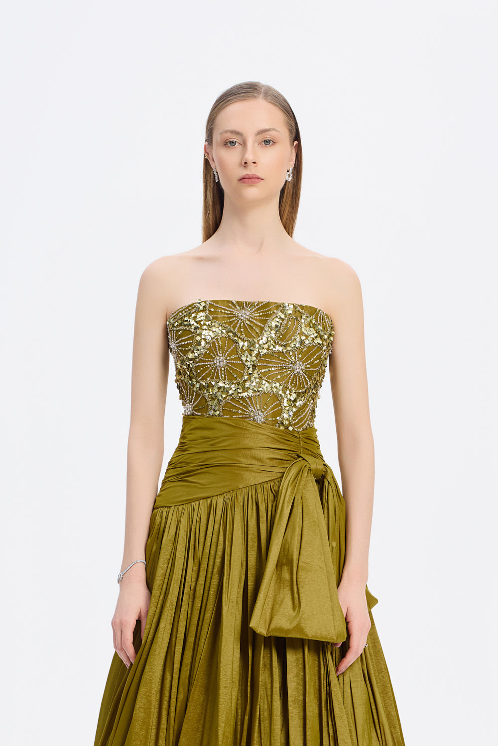 Stone Embroidered Taffeta Long Evening Dress with Slits - 9107C